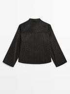 Striped shirt with stand collar and bib detail