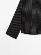 Striped shirt with stand collar and bib detail