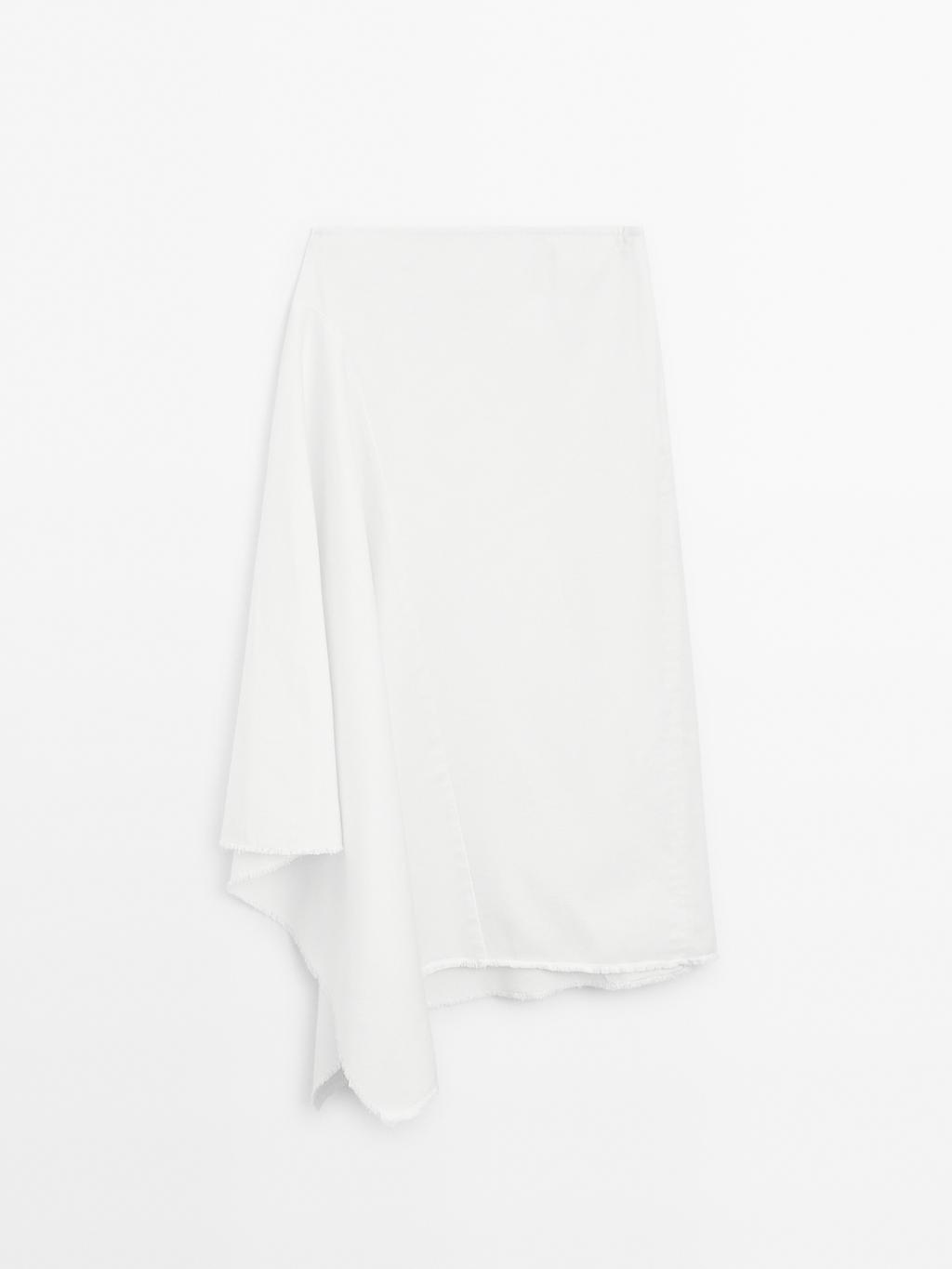 Asymmetric denim midi skirt