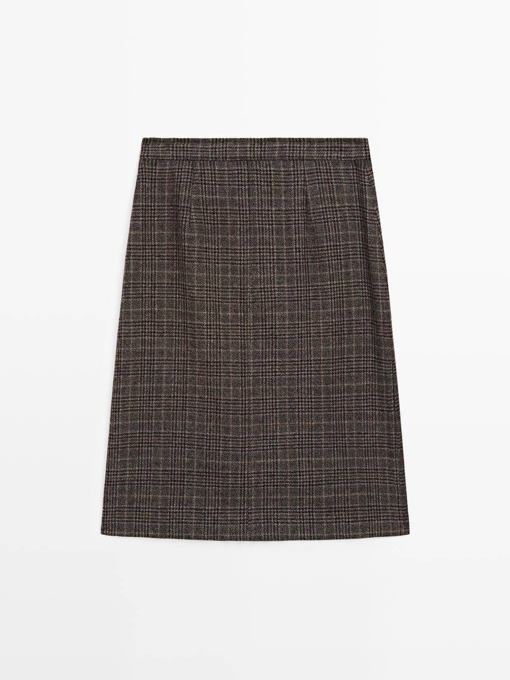 100% wool check midi skirt