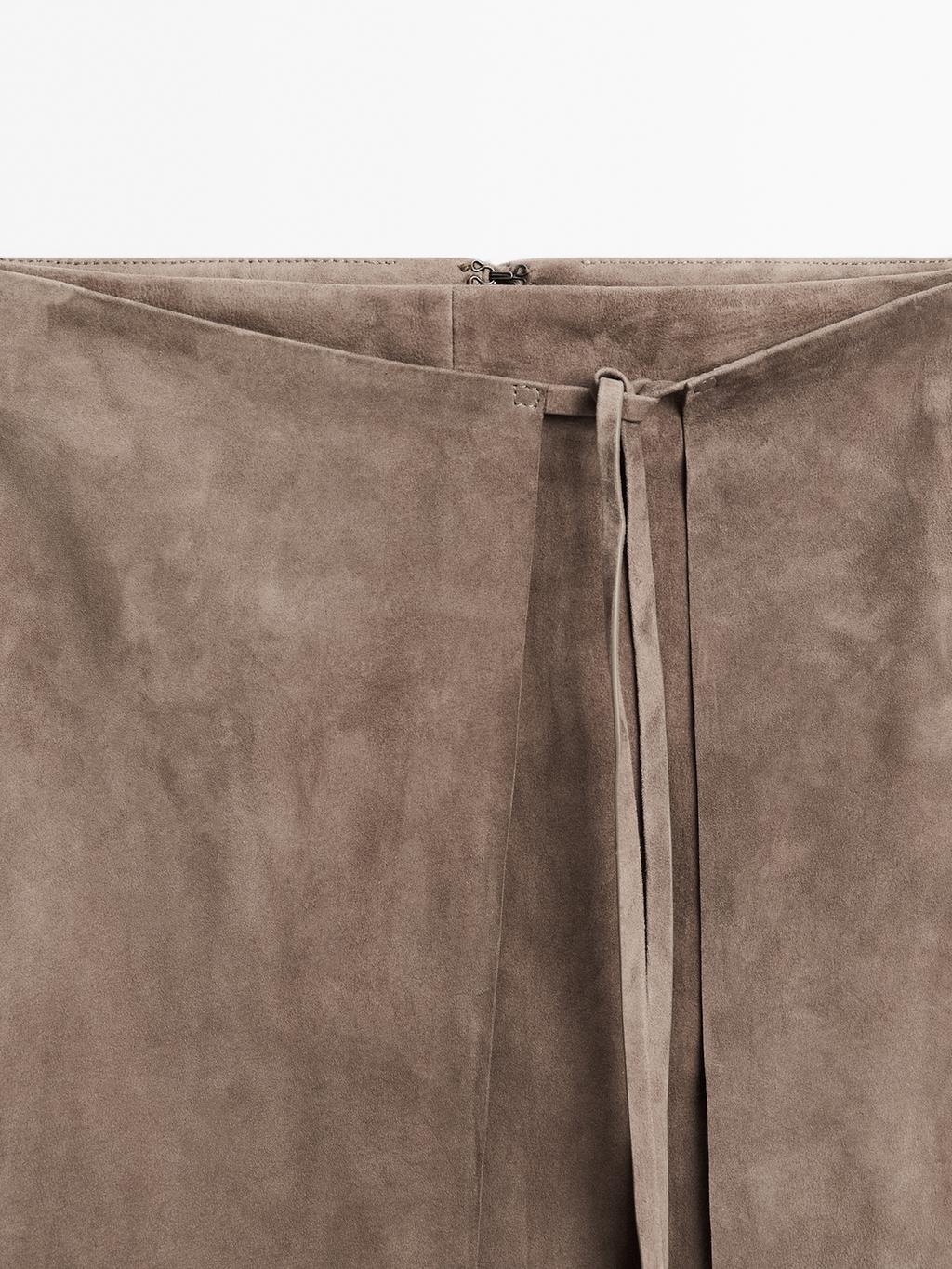 Suede leather wrap midi skirt
