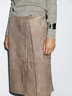 Suede leather wrap midi skirt
