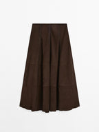 Suede leather flared midi skirt