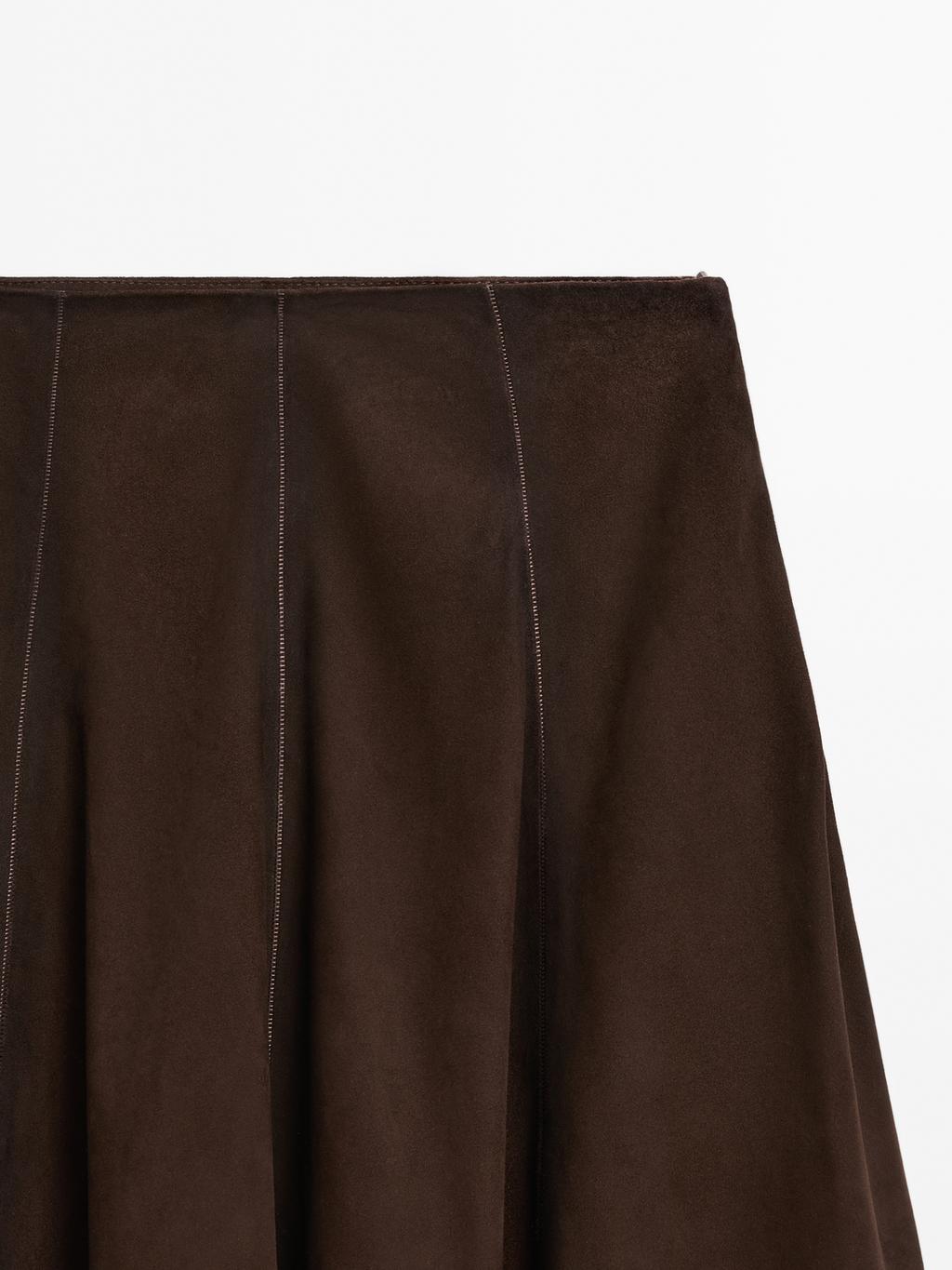 Suede leather flared midi skirt