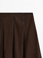 Suede leather flared midi skirt