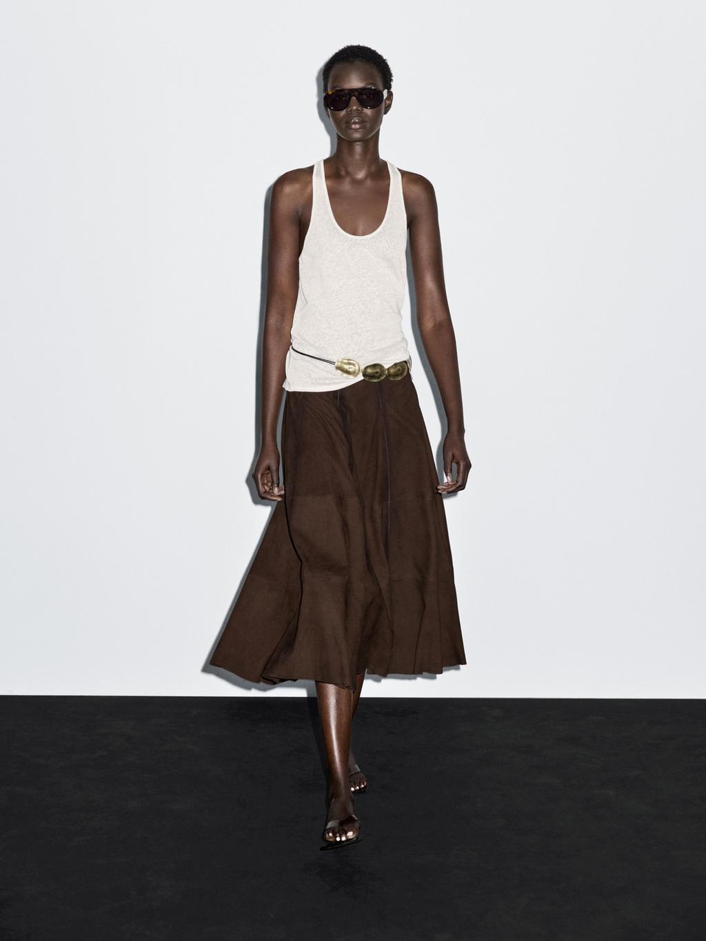 Suede leather flared midi skirt