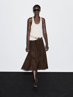 Suede leather flared midi skirt