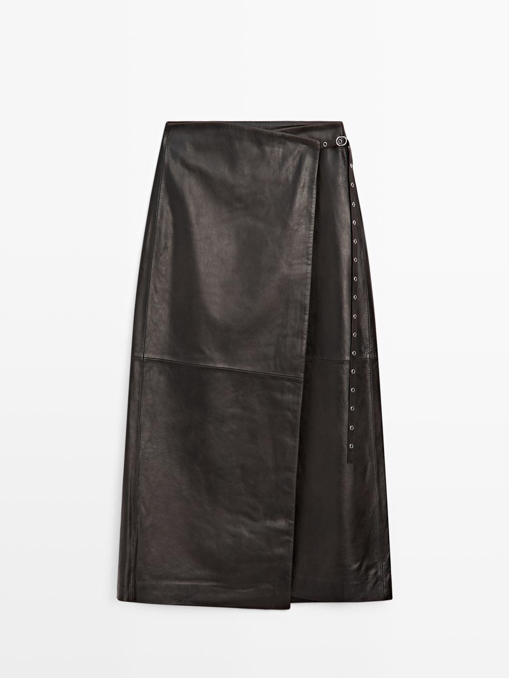 Nappa leather wraparound midi skirt