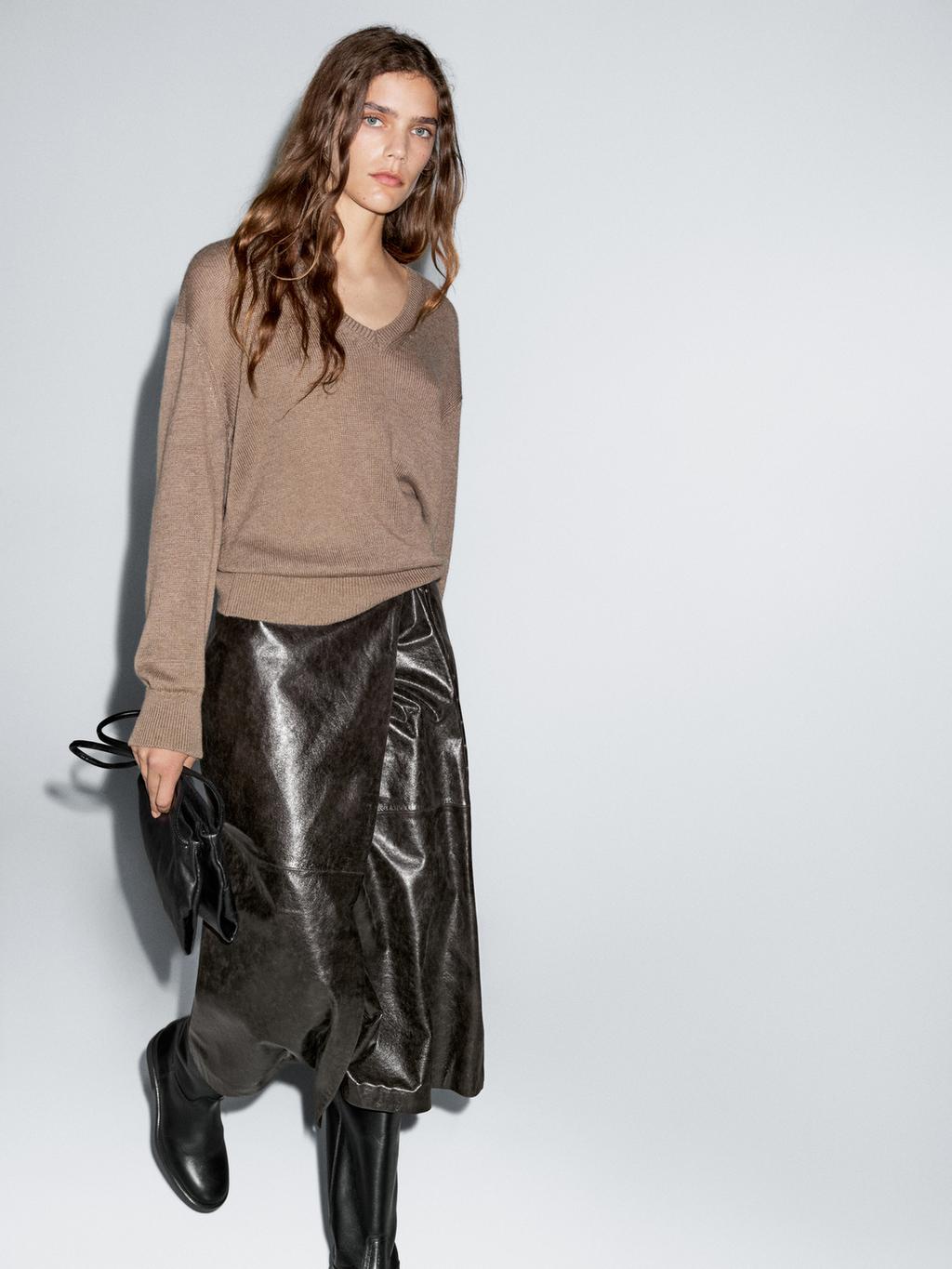 Nappa leather wraparound midi skirt