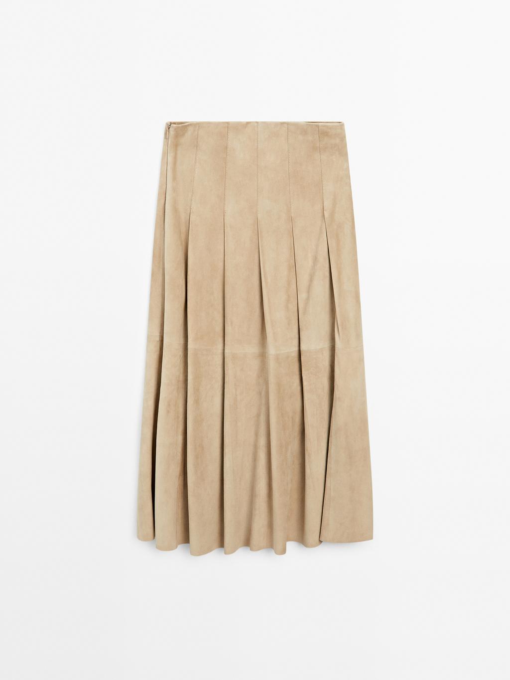 Long pleated suede leather skirt