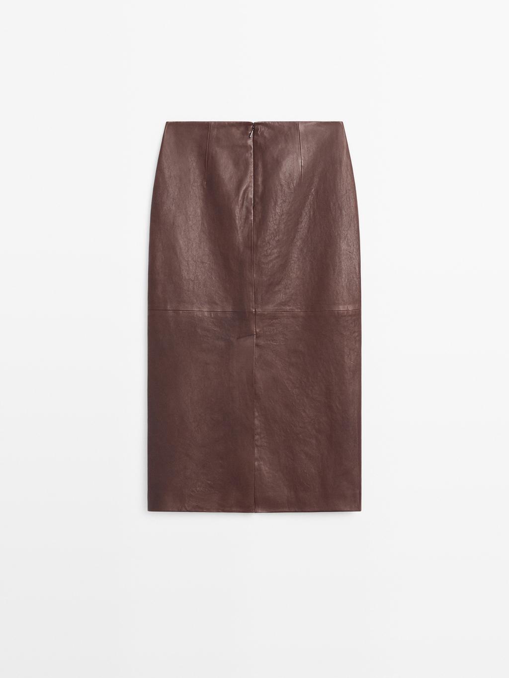 Straight nappa leather midi skirt