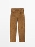 Suede leather straight trousers