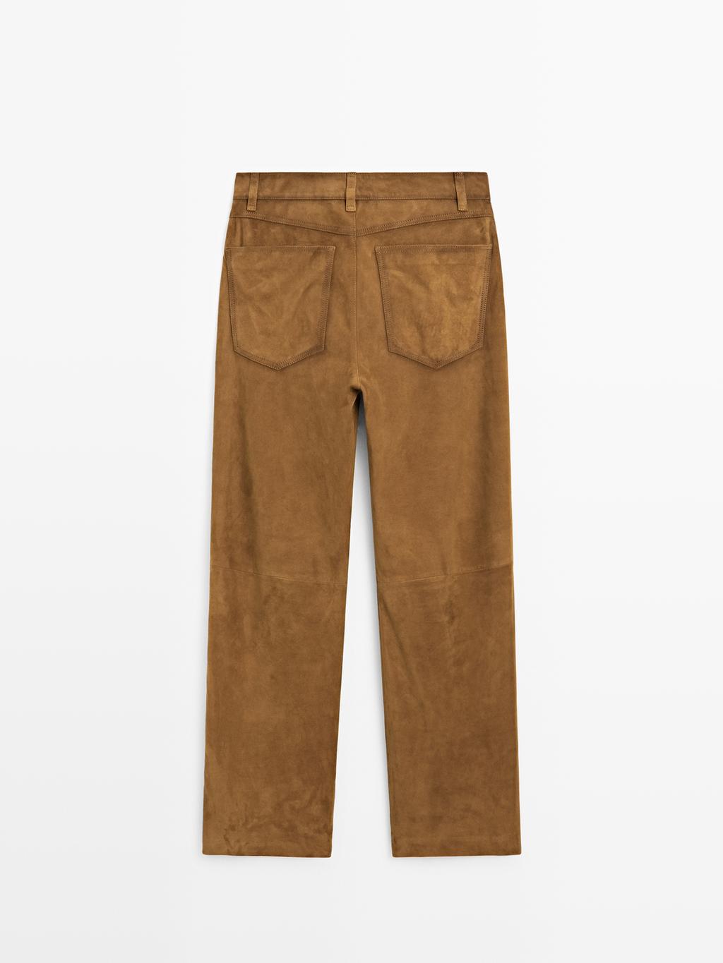 Suede leather straight trousers