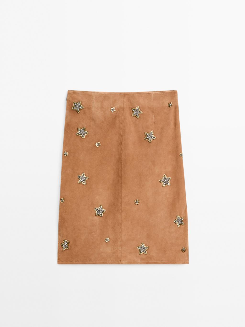 Suede leather skirt with rhinestone detail