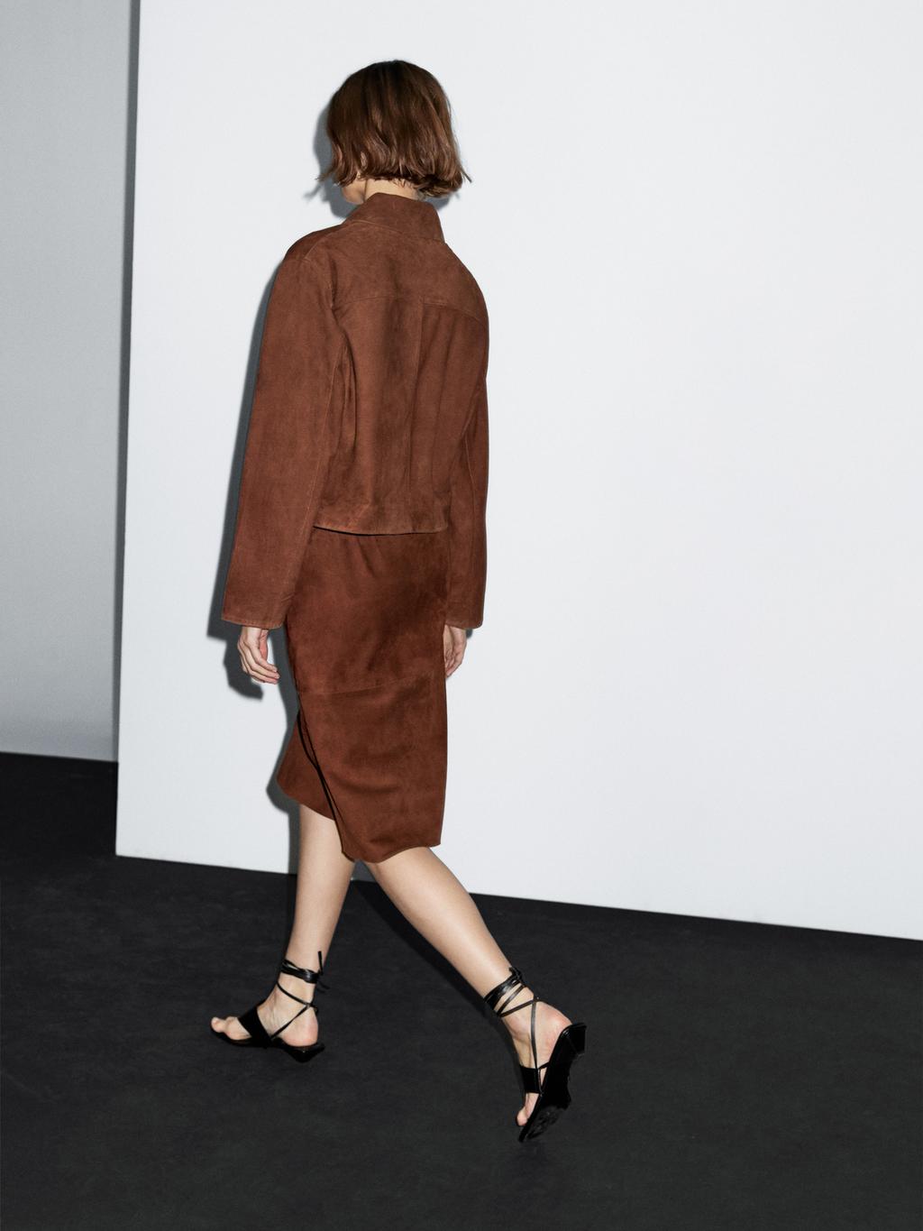 Straight fit suede leather skirt