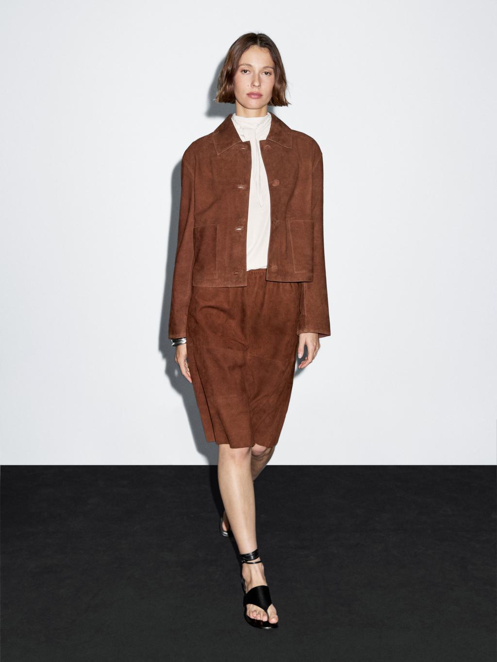 Straight fit suede leather skirt