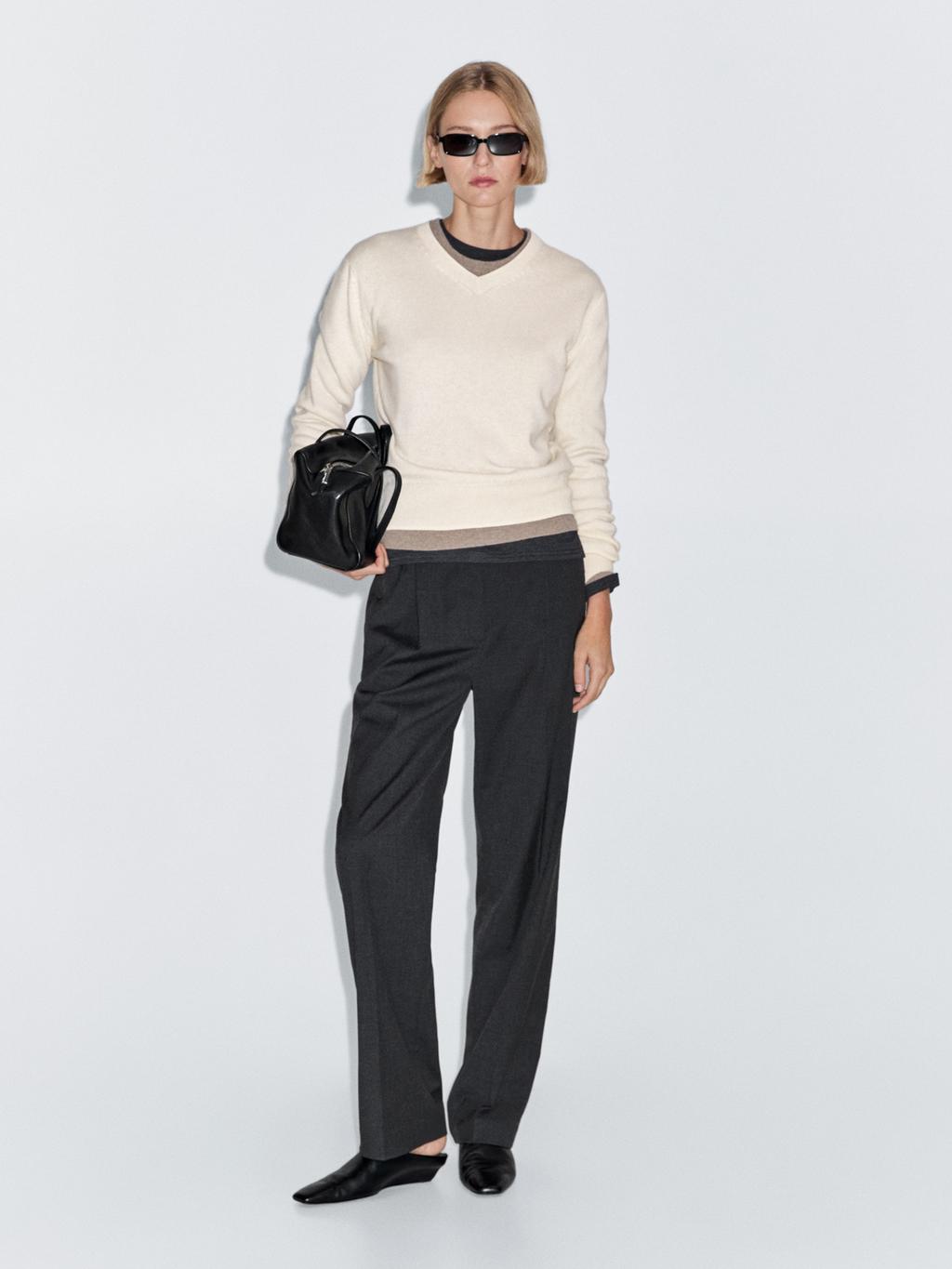 Wool blend knit V-neck sweater