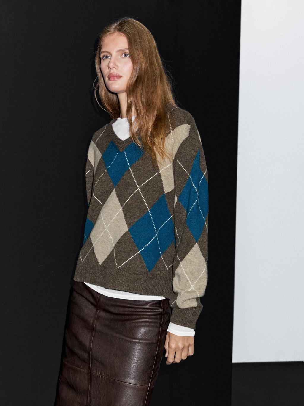 Wool blend argyle knit sweater