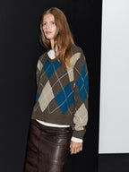Wool blend argyle knit sweater