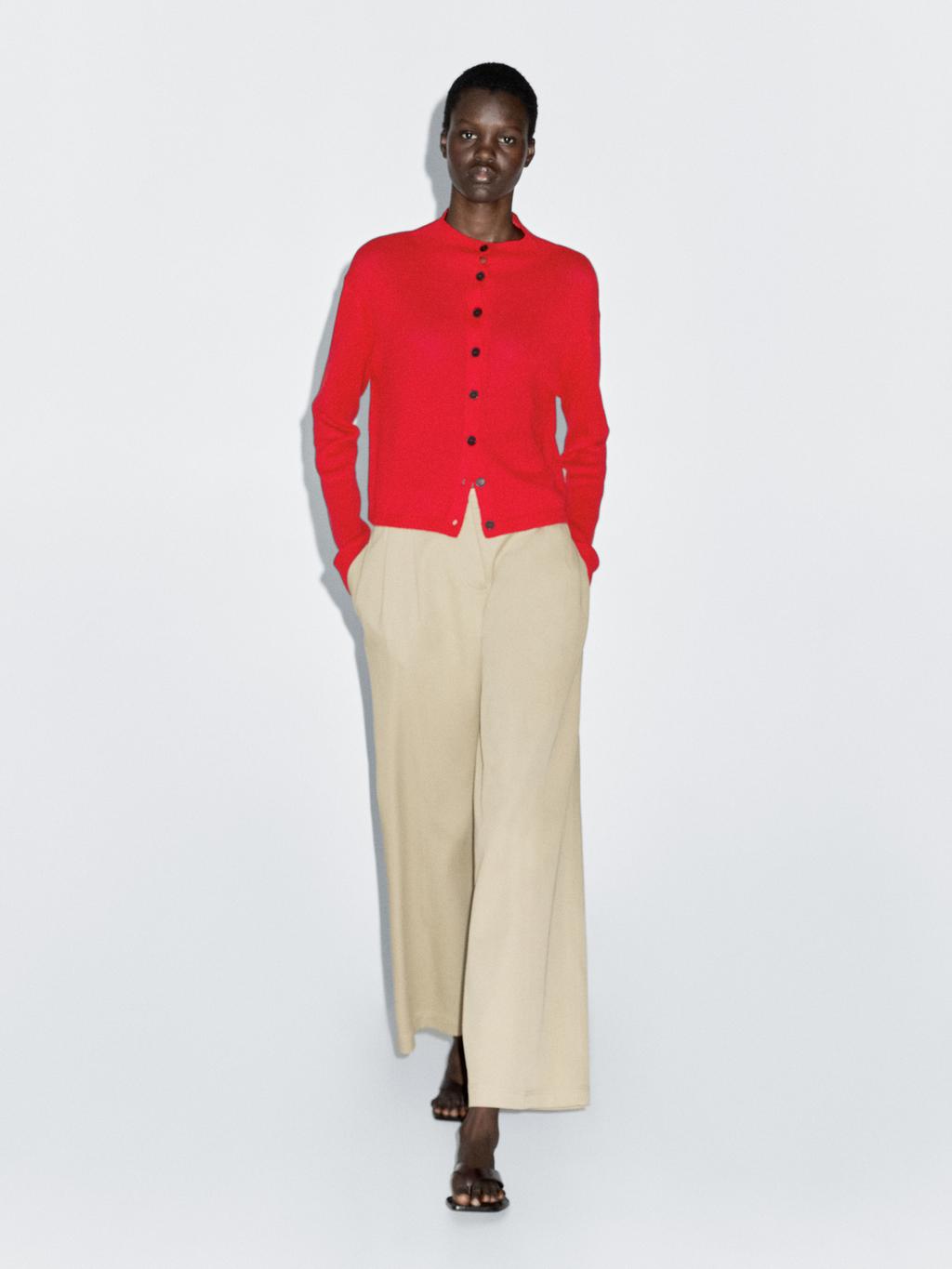 Knit wool and linen cardigan with mock turtleneck