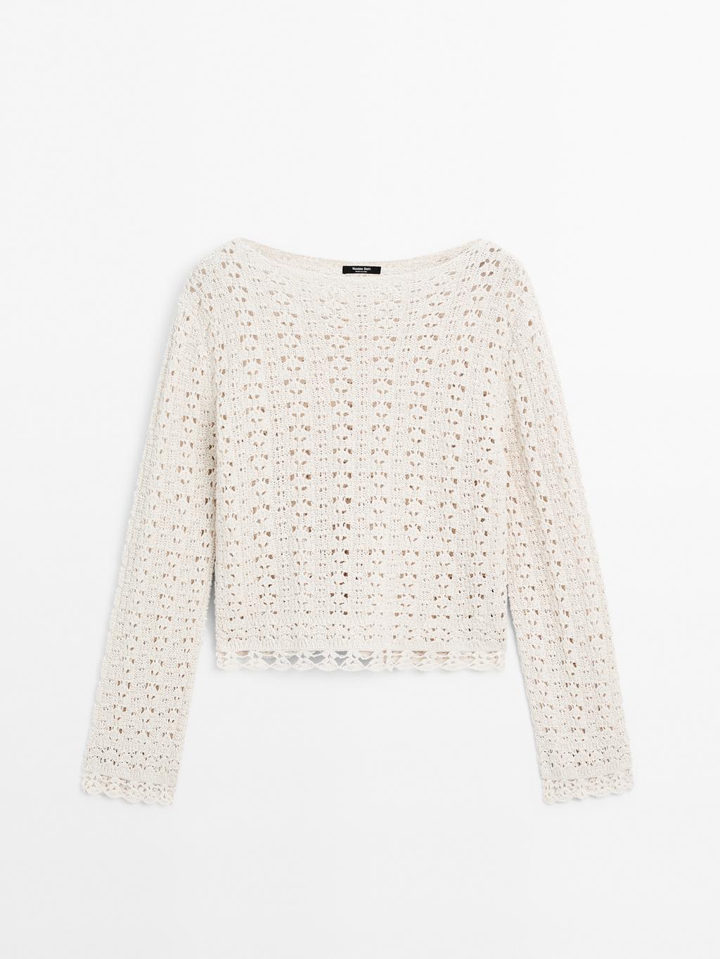 Cotton blend openwork crochet sweater