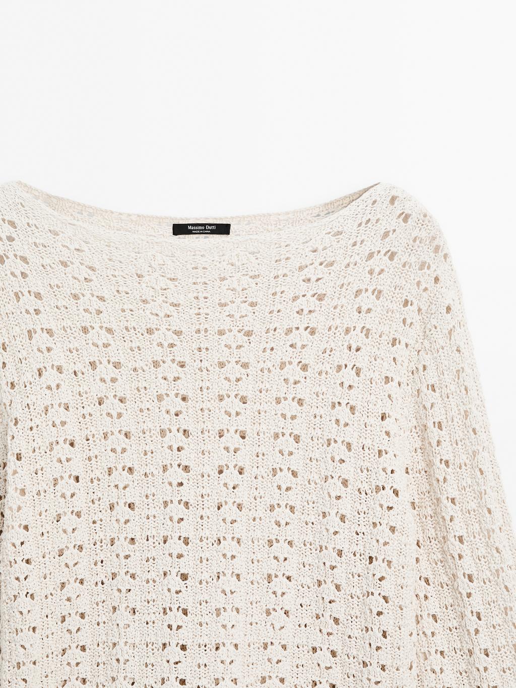 Cotton blend openwork crochet sweater