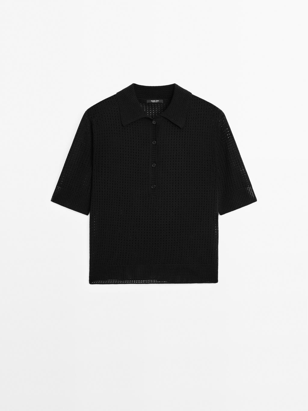 Open knit sweater with polo collar