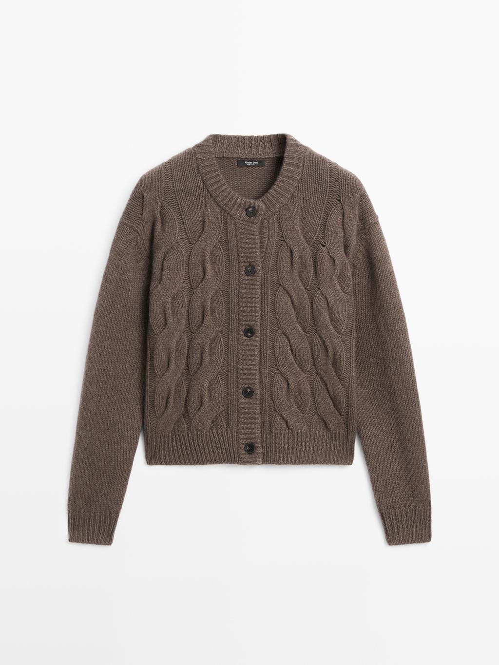 Wool blend cable-knit cardigan