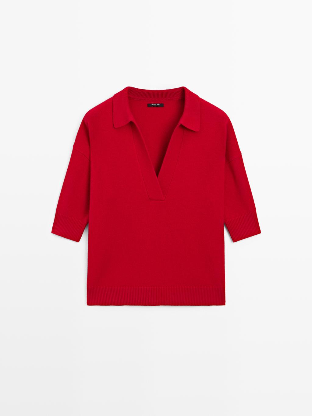 Wool blend knit V-neck polo shirt