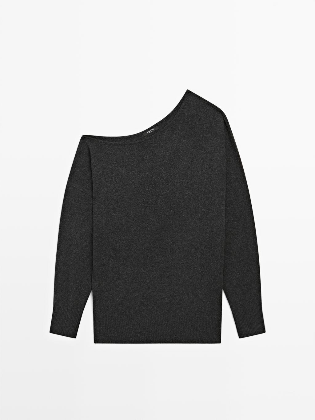 Wool blend knit sweater with asymmetric neckline