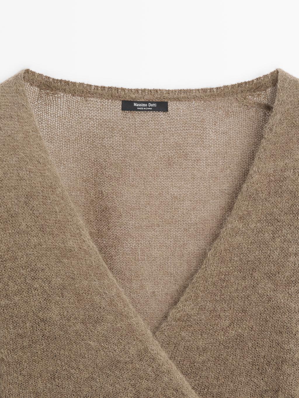 Alpaca blend crossover knit cardigan with tie