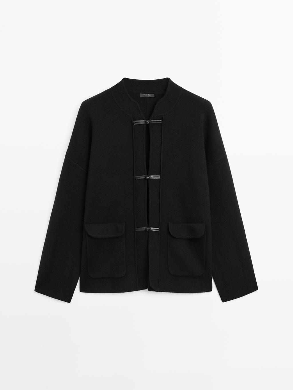 Wool blend knit cardigan with stand collar