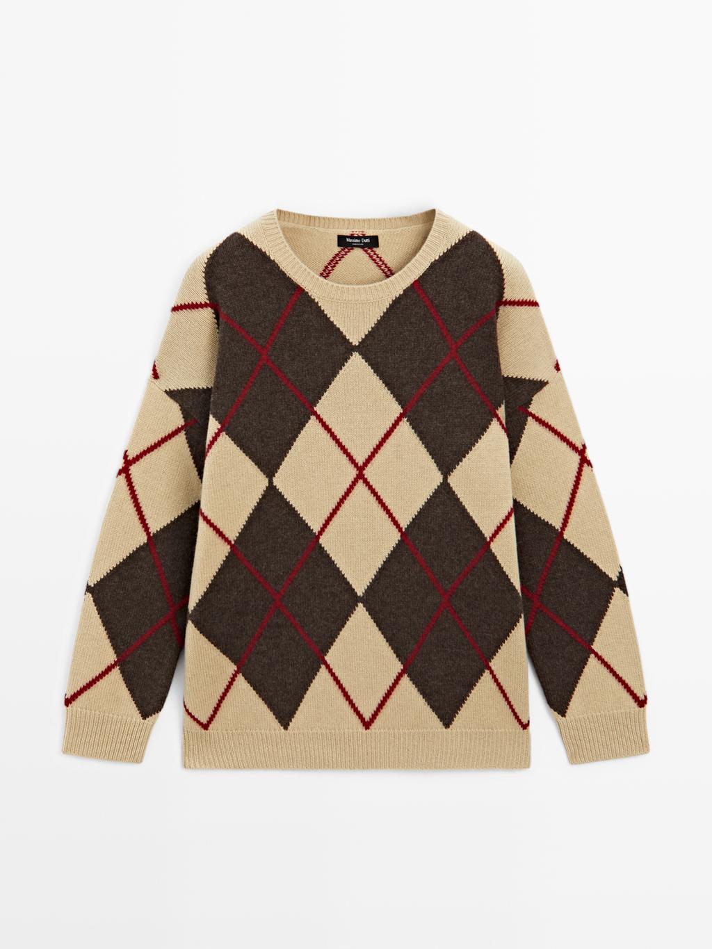 Knit wool blend sweater with argyle detail