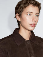 Short knit cardigan with contrast suede leather