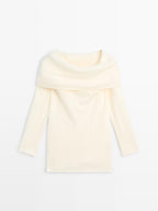 Knit wool and cashmere sweater with exposed shoulders