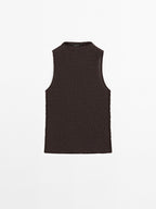 Chocolate linear waffle-knit funnel neck top