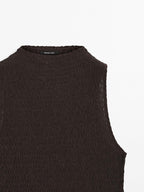Chocolate linear waffle-knit funnel neck top