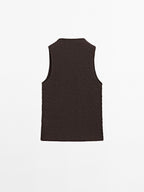 Chocolate linear waffle-knit funnel neck top