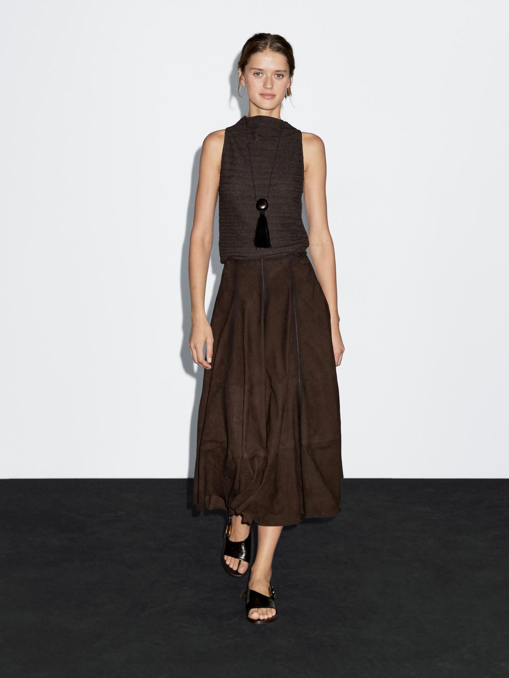 Chocolate linear waffle-knit funnel neck top