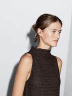 Chocolate linear waffle-knit funnel neck top