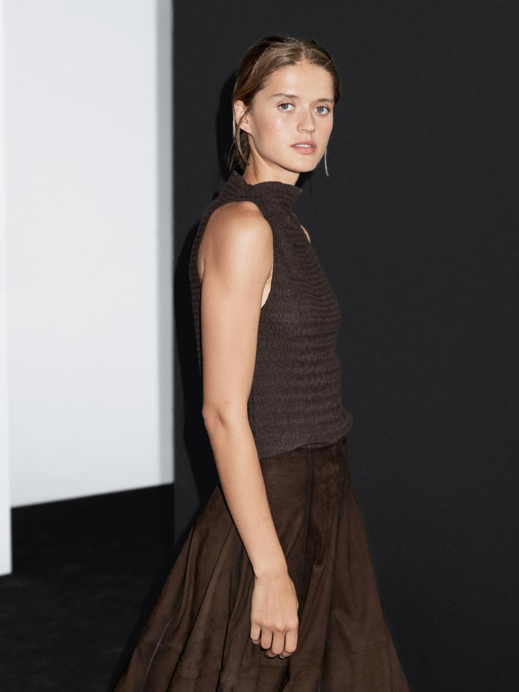 Chocolate linear waffle-knit funnel neck top