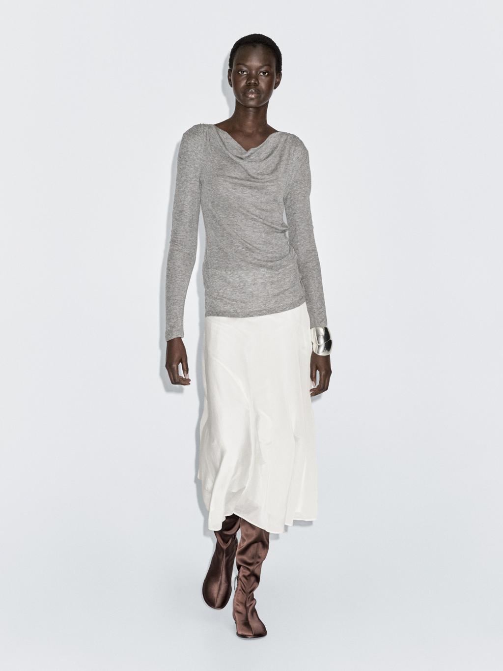 Long sleeve T-shirt with draped neckline