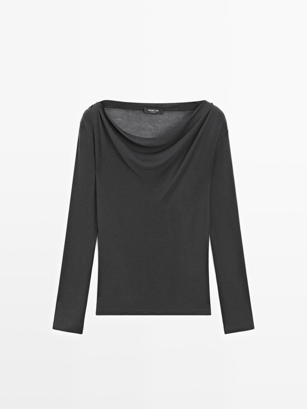 Long sleeve T-shirt with draped neckline