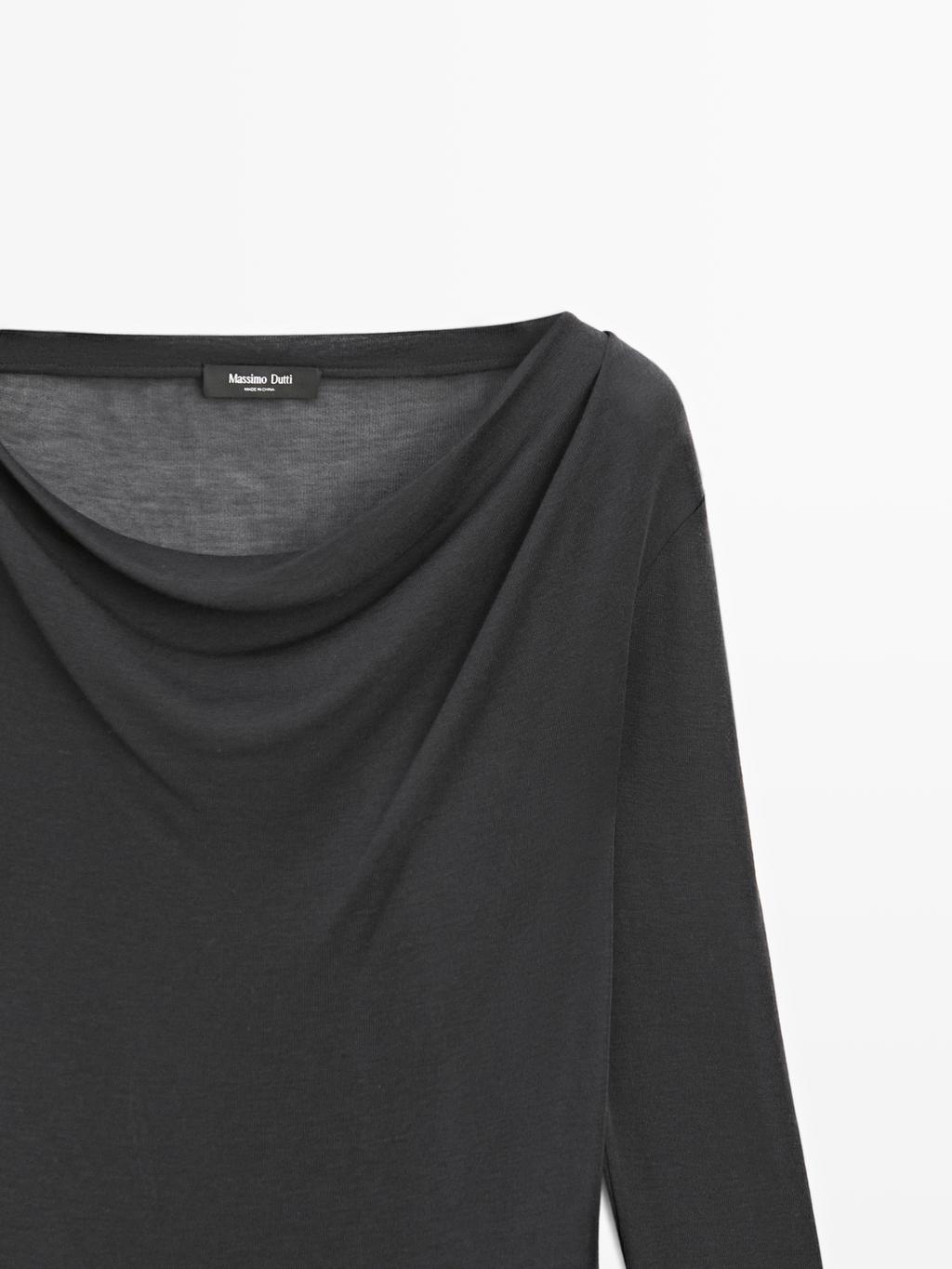 Long sleeve T-shirt with draped neckline