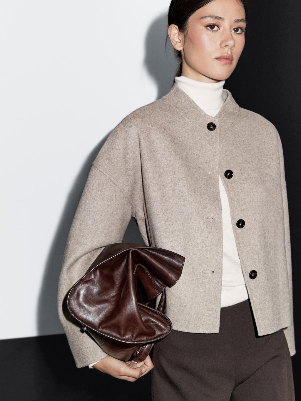Short wool blend coat with high collar