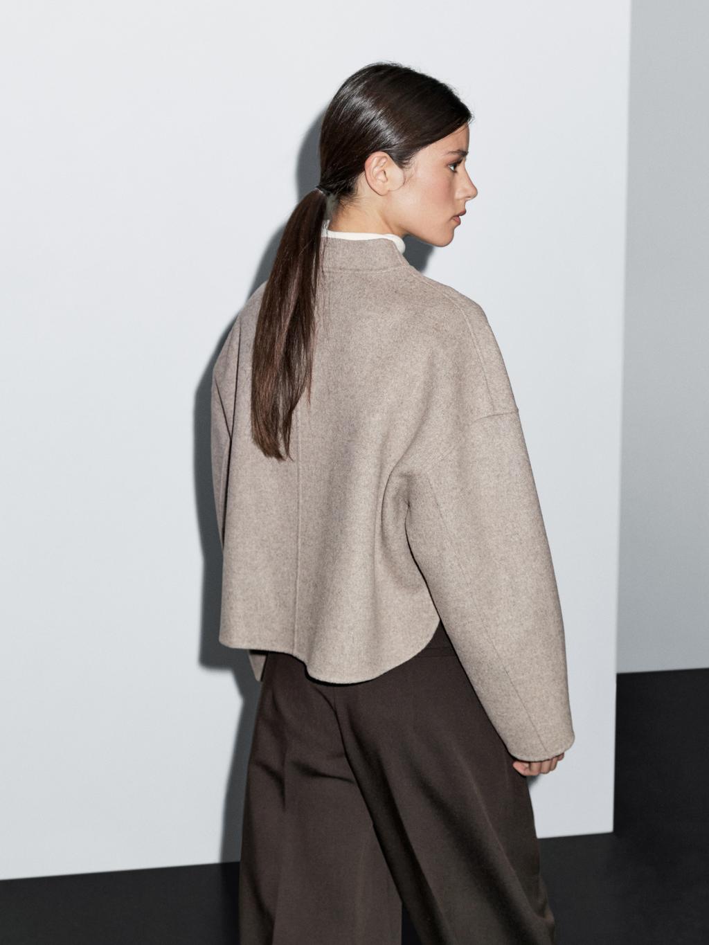 Short wool blend coat with high collar