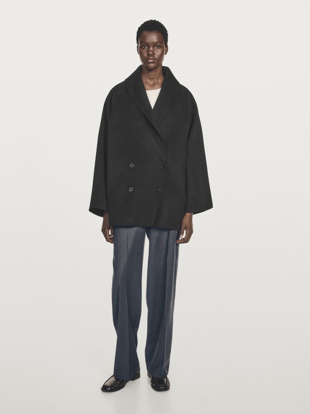 Wool blend mid-length coat with lapel collar