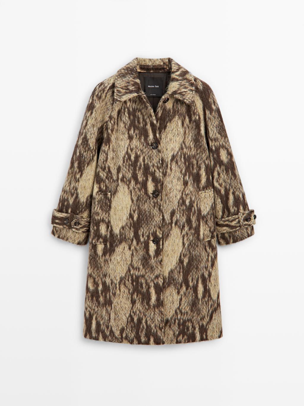 Long wool blend snakeskin print coat