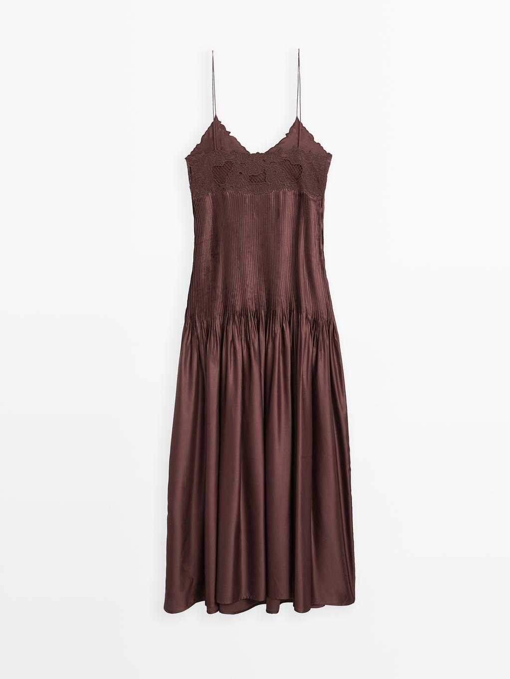 Flowing satin midi dress with straps