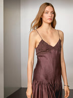 Flowing satin midi dress with straps